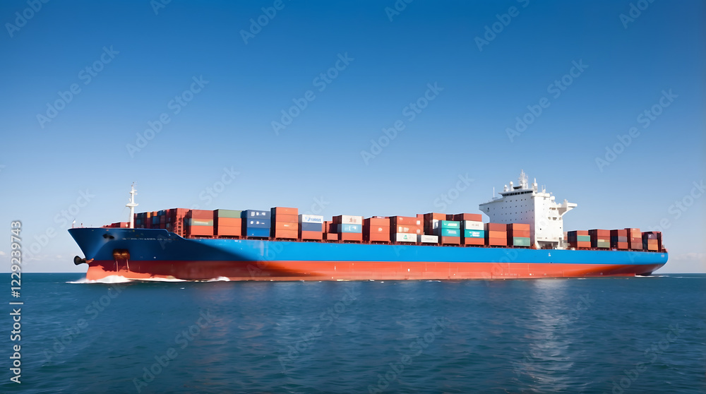 Obraz premium A cargo ship loaded with colorful containers navigating through an international shipping route under a clear sky
