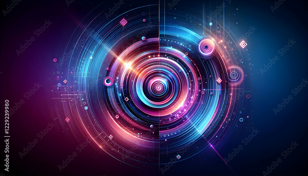 Obraz premium Background Technology A glowing, abstract background featuring concentric circles and geometric shapes in shades of blue, 4