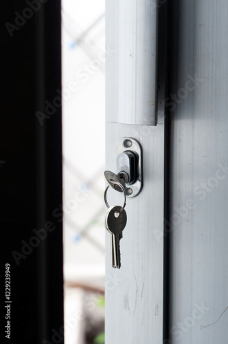 door lock with a key that hangs on the aluminum door