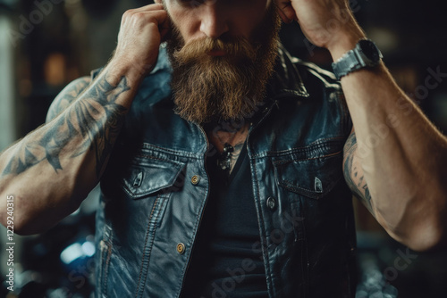 Photo of a shaded male muscular bearded biker putting on leather vest photo