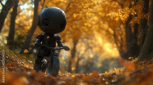 Adorable robot child riding bike in autumn forest with golden leaves