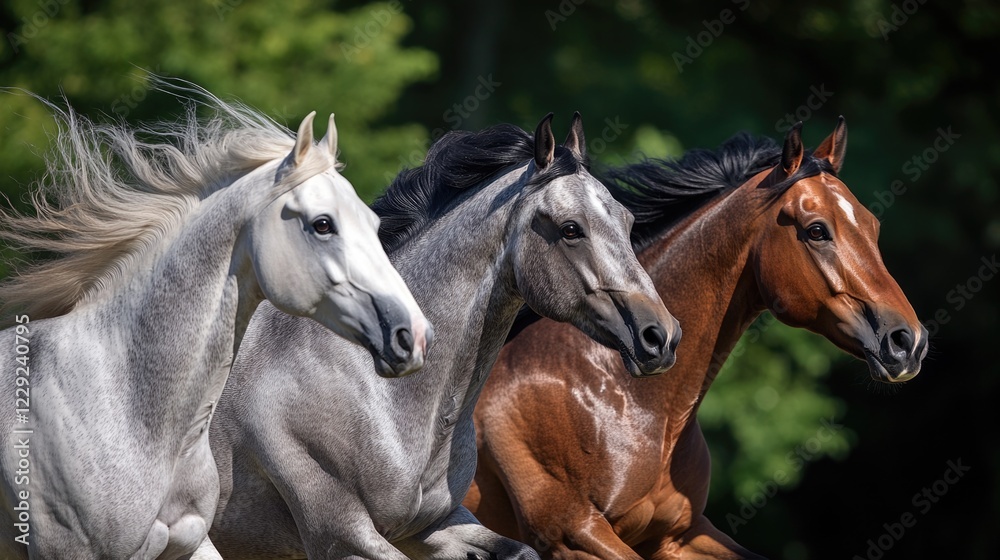 A group of horses running together in a straight line, conveying movement and energy