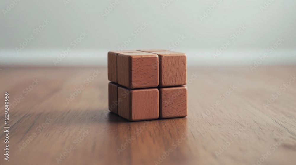 Four light brown wooden cubes arranged as a larger cube on a wood floor. Four light brown wooden cubes arranged as a larger cube on a wood floor.