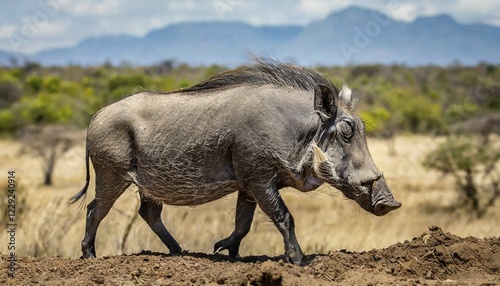 AI generated, animal, animals, mammal, mammals, biotope, habitat, one, single animal, foraging, wildlife, wild boar, warthog, (Sus scrofa scrofa) sideways, Africa, blue sky, AI generated photo