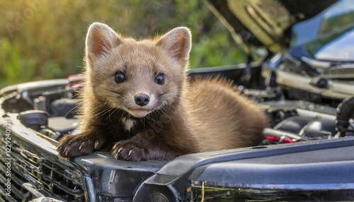 AI generated, animal, animals, mammal, mammals, biotope, habitat, a, single animal, foraging, wildlife, young marten lying on the bonnet of a car, european pine marten (Martes martes), AI generated