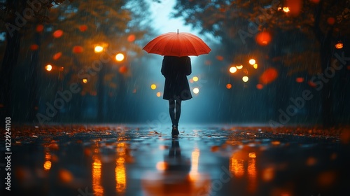 Wallpaper Mural Lonely figure walks with a red umbrella in the rain on a quiet, illuminated street during a rainy evening Torontodigital.ca