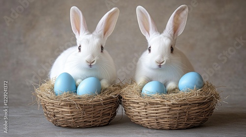 Two white rabbits in baskets with blue easter eggs on neutral background