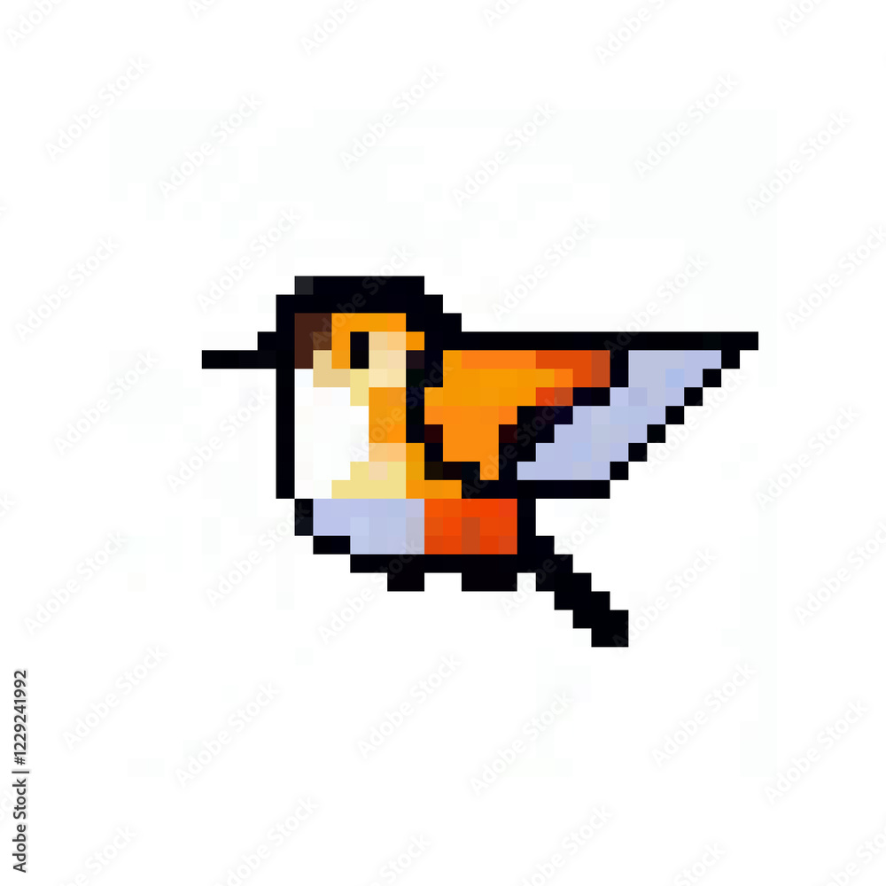 Fototapeta premium Pixel art illustration of a cute little hummingbird on a white background