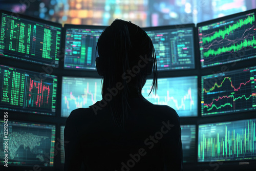 Silhouette of a woman looking at global financial markets on multiple monitors