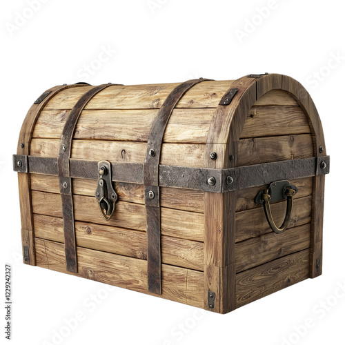 Rustic wooden treasure chest reinforced with iron bands and a vintage lock, isolated on a transparent background. Perfect for fantasy, adventure, and historical themes photo