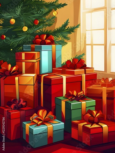 Abstract illustration of wrapped Christmas gifts, shiny ribbons and bows, stacked under a evergreen tree in a cozy living room, AI generated