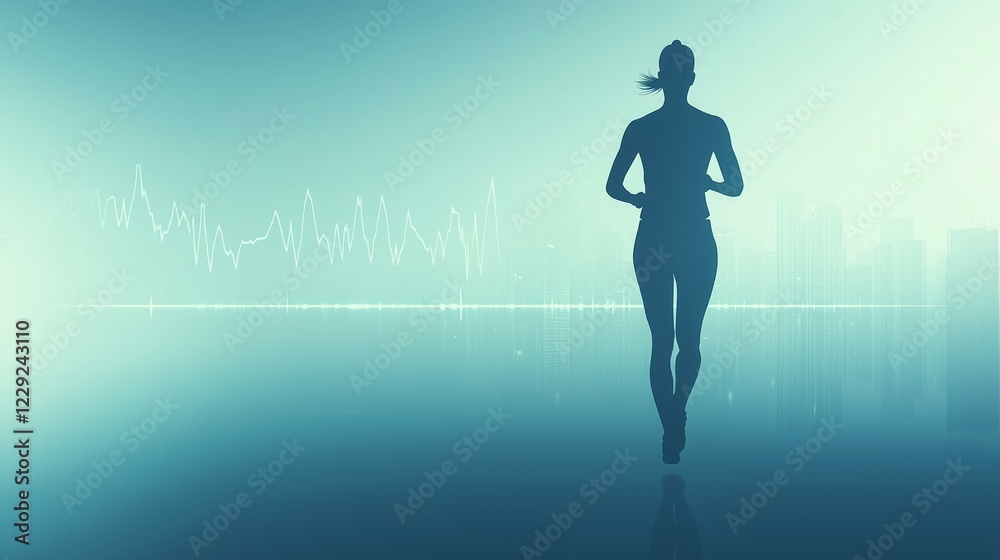 Silhouette of a runner in a minimalist professional setting with a city backdrop and soundwave design Silhouette of a runner in a minimalist professional setting with a city backdrop and soundwave design