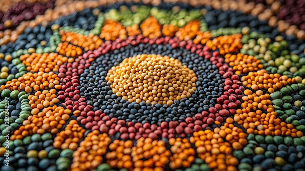 Beans Nutritious Superfood, Colorful Mandala Design of Vibrant Pulses and Legumes Arranged in Symmetrical Pattern Beans Nutritious Superfood, Colorful Mandala Design of Vibrant Pulses and Legumes Arranged in Symmetrical Pattern