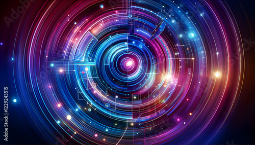 Background Technology A vibrant, dynamic abstract background with concentric circles and geometric shapes in blue, pink, a4
