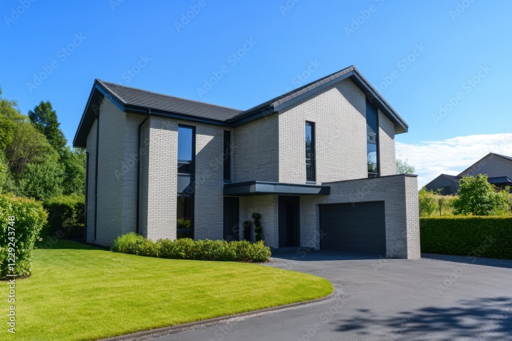 A contemporary house featuring a sleek and elegant design is beautifully nestled amidst lush greenery, all illuminated by the bright sunshine in a tranquil residential neighborhood A contemporary house featuring a sleek and elegant design is beautifully nestled amidst lush greenery, all illuminated by the bright sunshine in a tranquil residential neighborhood