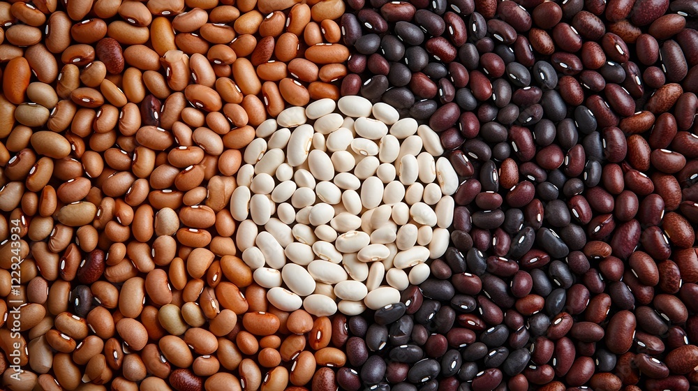 Beans Nutritious Superfood, Colorful Beans Arranged in Starburst Pattern with Selective Focus and Copy Space