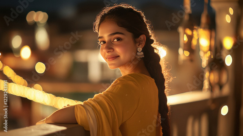 Indian woman standing on a second-floor balcony, tilting her head slightly forward, her eyes looking down toward the street.