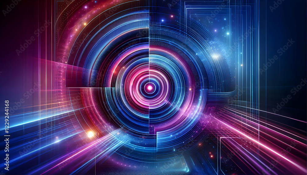 Background Technology A surreal, futuristic design with concentric circles and geometric shapes in blue, pink, and purple 2 Background Technology A surreal, futuristic design with concentric circles and geometric shapes in blue, pink, and purple 2