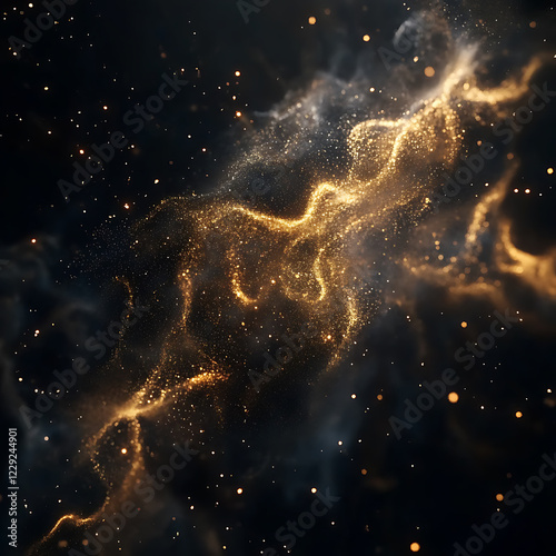 Elegant golden particles floating in the air, luxurious atmosphere, deep black background, perfect for branding and advertising, ultra-HD, 8K resolution