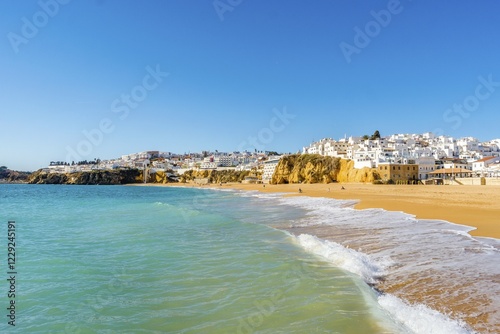 Wide sandy beach, townscape, Albufeira, Algarve, Portugal, Europe