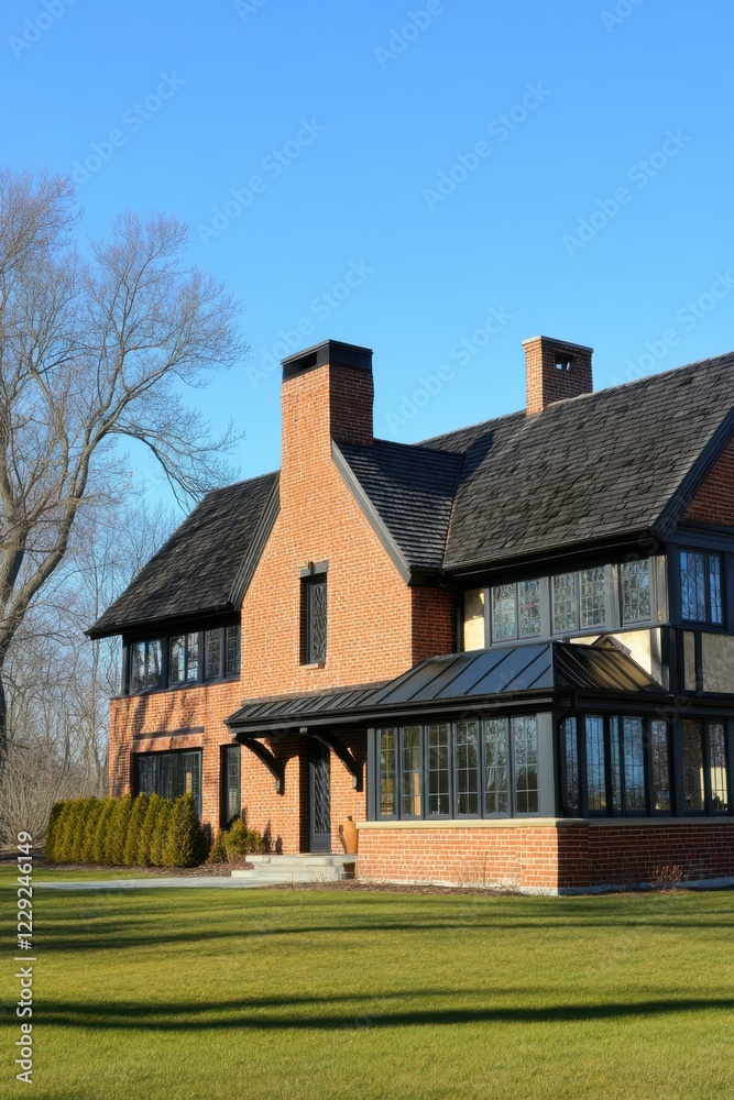 Beautiful brick house with large windows located in a serene landscape during a clear sunny day surrounded by green grass and trees Beautiful brick house with large windows located in a serene landscape during a clear sunny day surrounded by green grass and trees