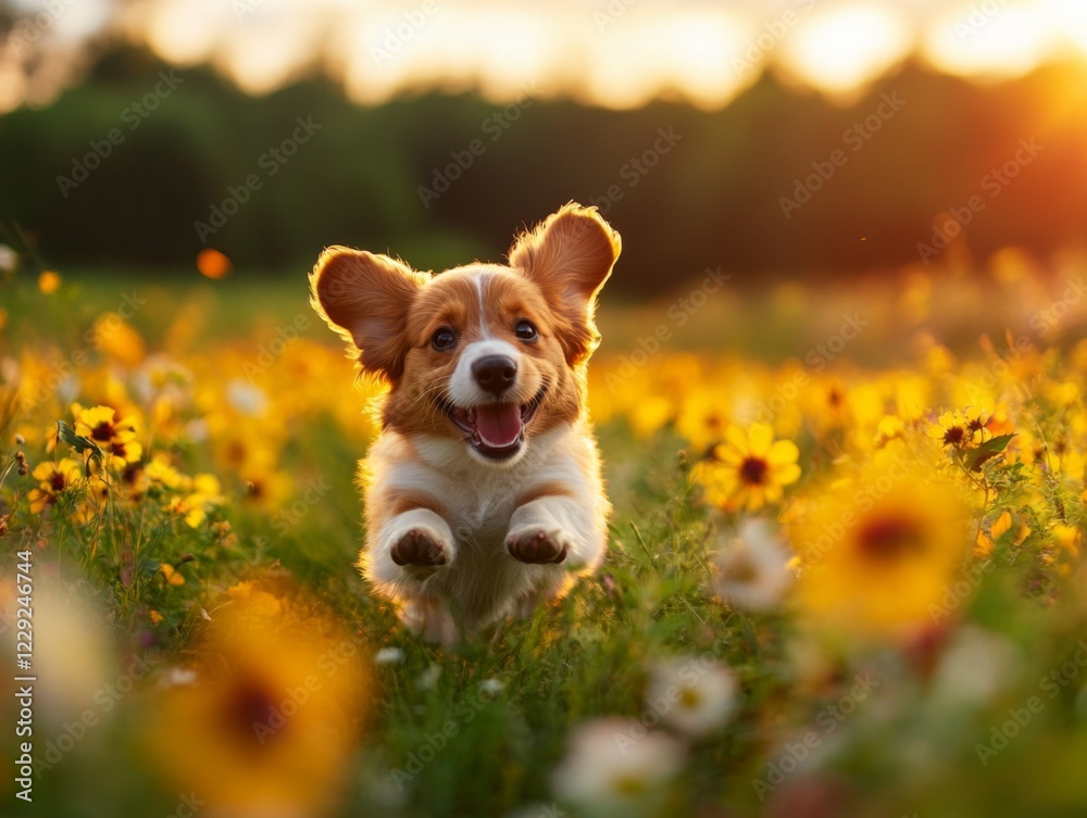 Joyful Puppy Running Through a Flower Field Joyful Puppy Running Through a Flower Field
