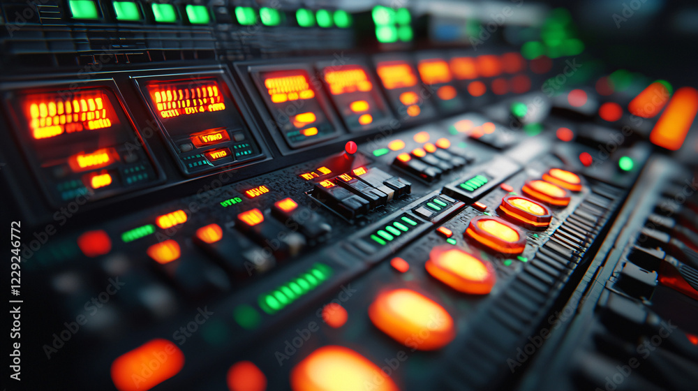 A detailed view of a ventilation control panel in a factory, featuring glowing buttons, vivid red and green lights, and realistic textures. A detailed view of a ventilation control panel in a factory, featuring glowing buttons, vivid red and green lights, and realistic textures.