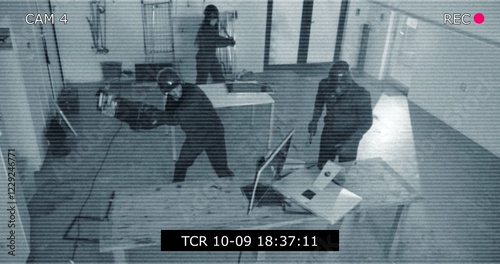 Bilde på lerret Criminal, people and violence on video, security camera and breaking of furniture in office or demolition