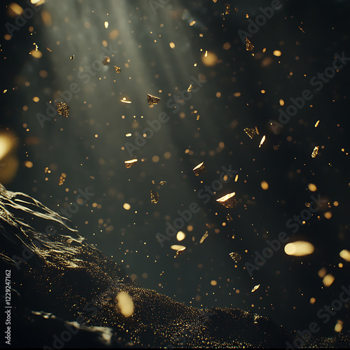 Elegant golden particles floating in the air, luxurious atmosphere, deep black background, perfect for branding and advertising, ultra-HD, 8K resolution