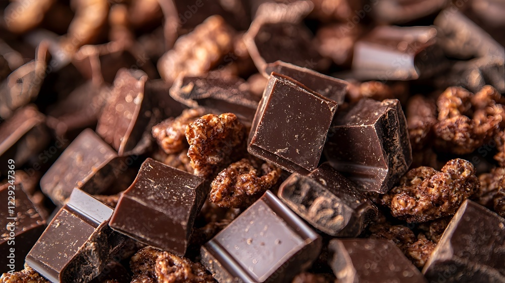 Cereals Crunchy Grain, Decadent Chocolate Cereal Pieces in Ultra-Close-up with Selective Focus and Copy Space Cereals Crunchy Grain, Decadent Chocolate Cereal Pieces in Ultra-Close-up with Selective Focus and Copy Space