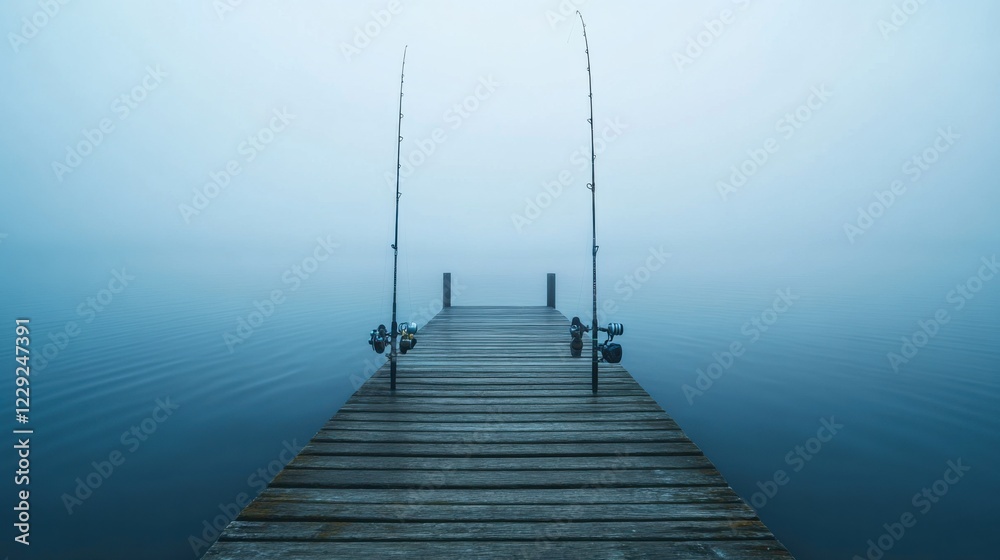 Obraz premium Serene photo of a fishing setup on a quiet pier. Early morning mist rising from the water. Capturing tranquility and patience. Ideal for leisure and outdoor lifestyle content.