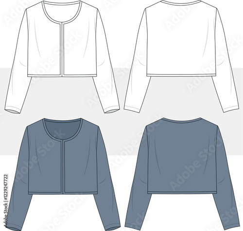 Women's crop through crew neck cardigan jacket designed for women and girls, front and back flat sketch, vector, illustration, technical drawing, cad, mockup.