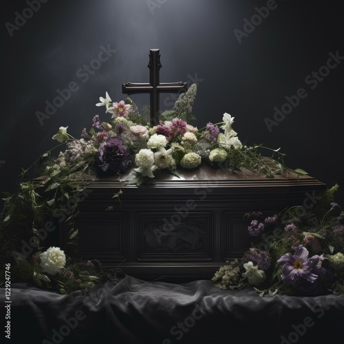 Coffin with cross, atmospherically decorated with flowers, funeral bouquet, KI generated, AI generated photo