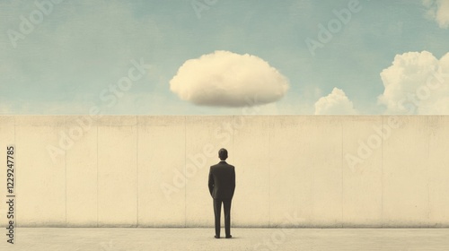 Man in suit facing a wall, single cloud above. photo