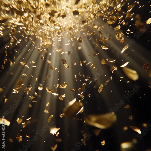 Elegant golden particles floating in the air, luxurious atmosphere, deep black background, perfect for branding and advertising, ultra-HD, 8K resolution