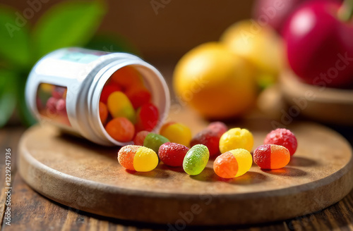 Brightly colored chewable vitamins in the shape of various fruits, laid out on a wooden board. The package of vitamins is open, and several candies are spilled onto the surface. The background is warm photo