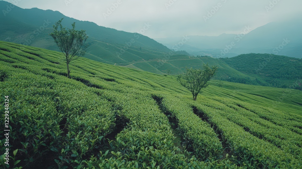 A high-altitude tea plantation, where rows of vibrant green tea bushes grow on steep slopes. A high-altitude tea plantation, where rows of vibrant green tea bushes grow on steep slopes.