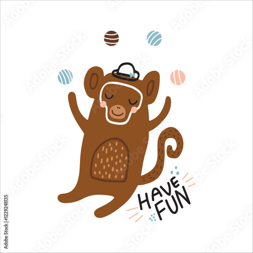 Cute cartoon monkey playing with balls. Childish print for nursery, kids apparel,poster, postcard. Vector Illustration