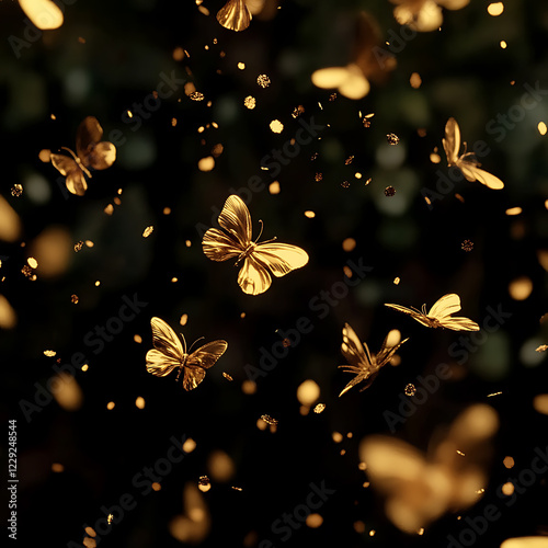 Elegant golden particles floating in the air, luxurious atmosphere, deep black background, perfect for branding and advertising, ultra-HD, 8K resolution
