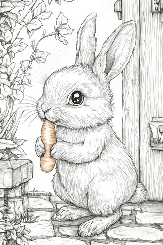 Adorable Rabbit Eating Carrot in Garden . Children coloring page photo