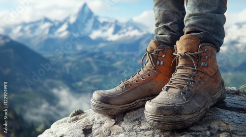 hiker s worn sneakers resting on a rock, with a breathtaking mountain range in the background. photo