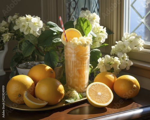 Fresh fruit shake in a glass, non-alcoholic cocktail, citrus fruit, orange, ice, white flowers, green leaves, standing at a window, straw, wellness drink, AI generatedAI generated photo