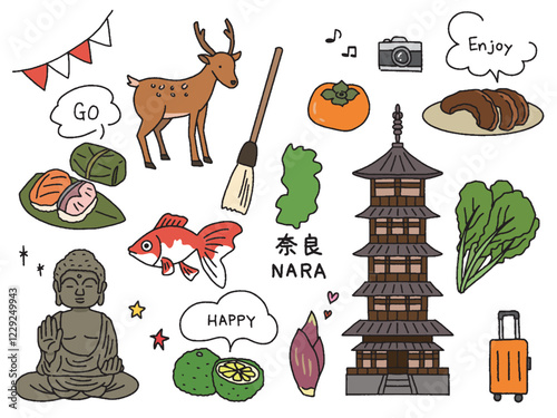 奈良の手描きイラストセット