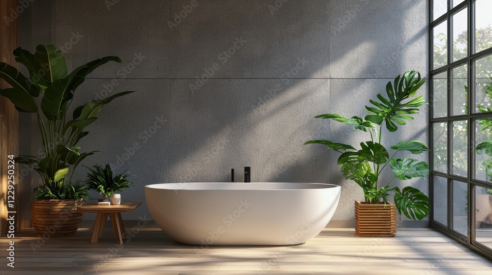 Modern bathroom with freestanding tub and greenery