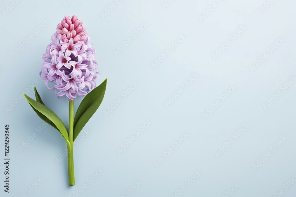 Obraz premium Single violeta nd pink Hyacinth flower on pastel blue background with copy space. KI generiert, generiert AI generated
