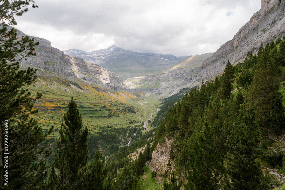 Obraz premium A stunning view of a green valley surrounded by towering mountains in Ordesa y Monte Perdido National Park, Spain. A perfect destination for trekking, hiking, mountaineering, and summer outdoor 