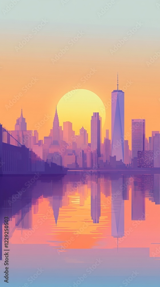 Fototapeta premium Vibrant sunset over a cityscape with water reflections.