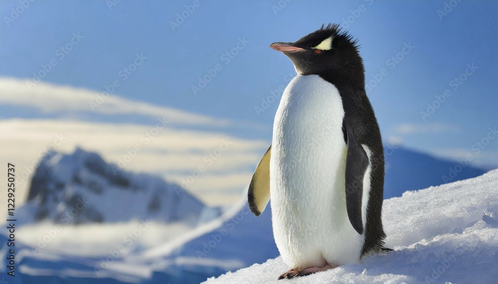 Fototapeta premium AI generated, animal, animals, bird, birds, biotope, habitat, one, individual, blue sky, winter, ice, snow, foraging, wildlife, summer, seasons, southern rockhopper penguin (Eudyptes chrysocome)