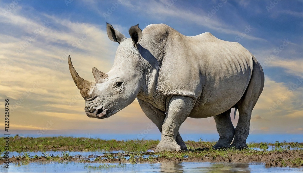 Obraz premium AI generated, animal, animals, mammal, mammals, biotope, habitat, one, individual, foraging, wildlife, rhinoceros, white rhinoceros (Ceratotherium simum), white-lipped rhinoceros, white rhino