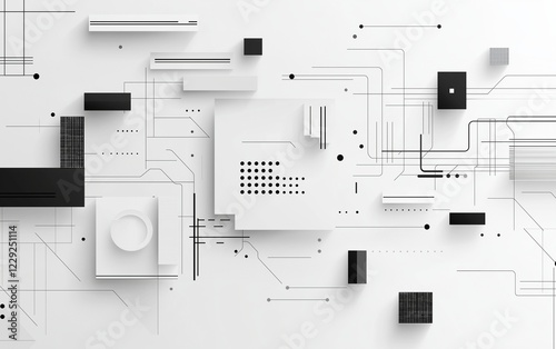 Abstract geometric composition with black and white lines, shapes, squares, wallpaper design, and minimalist copyspace